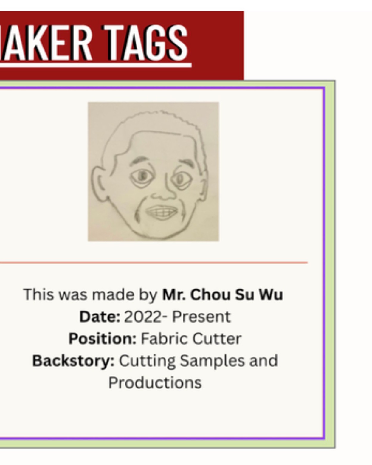 A Cherish maker tag crediting the maker